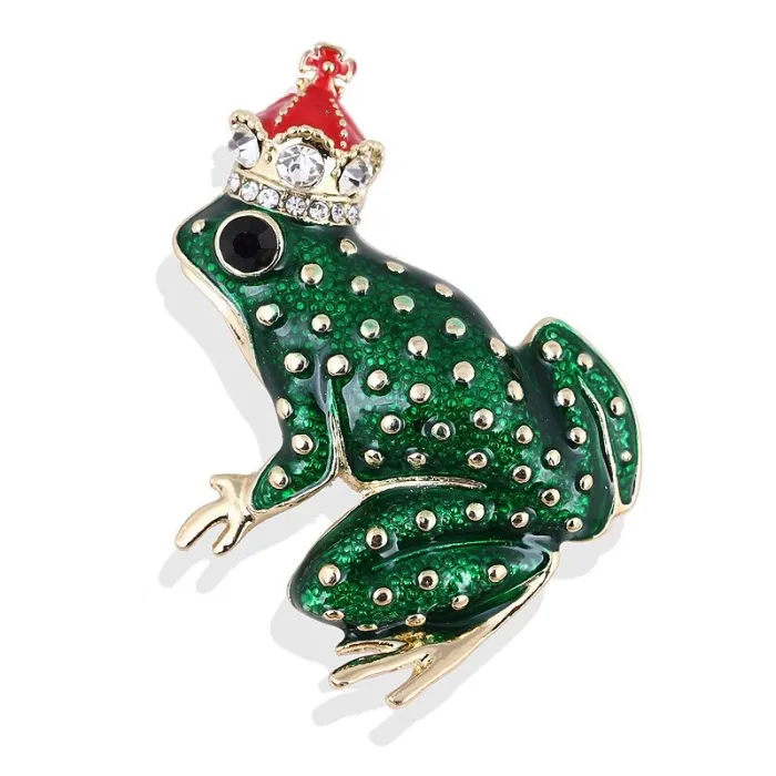 Groene kikker met kristallen kroon - brocheBroches