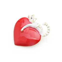 Rood hart met luie kat - emaille brocheBroches