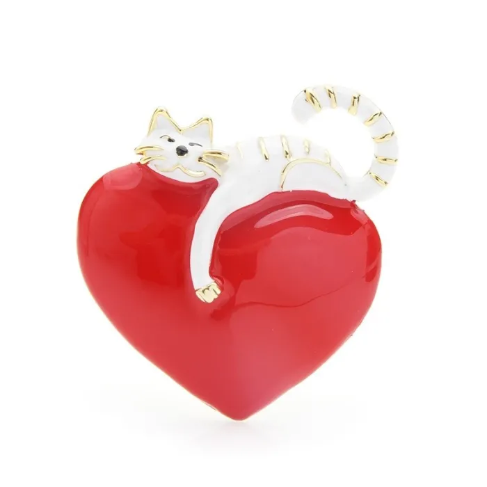 Rood hart met luie kat - emaille brocheBroches