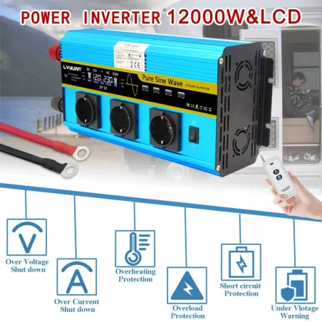 DC 12V naar AC 220V 230V - 12000W - sinusomvormer voor zonne-energie - LCD-spanningsdisplay - draadloze afstandsbedieningOmvo...