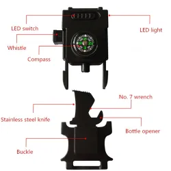 Multifunctionele overlevingsarmband met plastic gesp en LED-lichtSurvival gereedschap