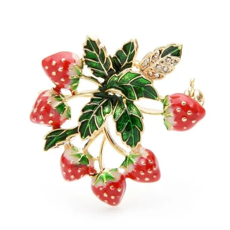 Elegante kristallen aardbeienbroche met bladerenBroches