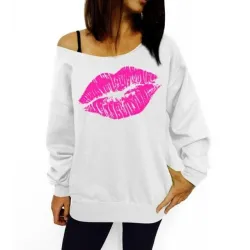 Rode Grote Lippen Grote Maat Sweatshirts Onbedekte Schouder PulloverPlus