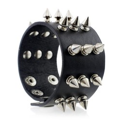 Punk Gothic Rock Three Row Metal Cone Stud Spikes Rivet Leather Wristband Bangle Wide Cuff BraceletArmbanden