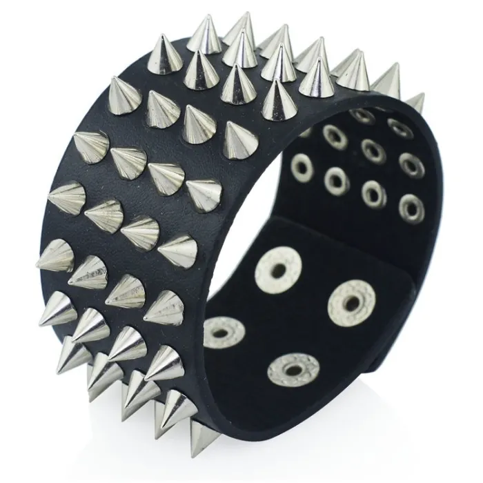 Unique Four Row Cuspidal Spikes Rivet Stud Wide Cuff Leather Punk Gothic Rock Unisex Bangle BraceletArmbanden