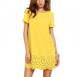 Yellow Short Sleeve Hollow Out Mini DressJurken