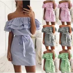 Off-shoulder strapless gestreepte ruches mini-jurkJurken