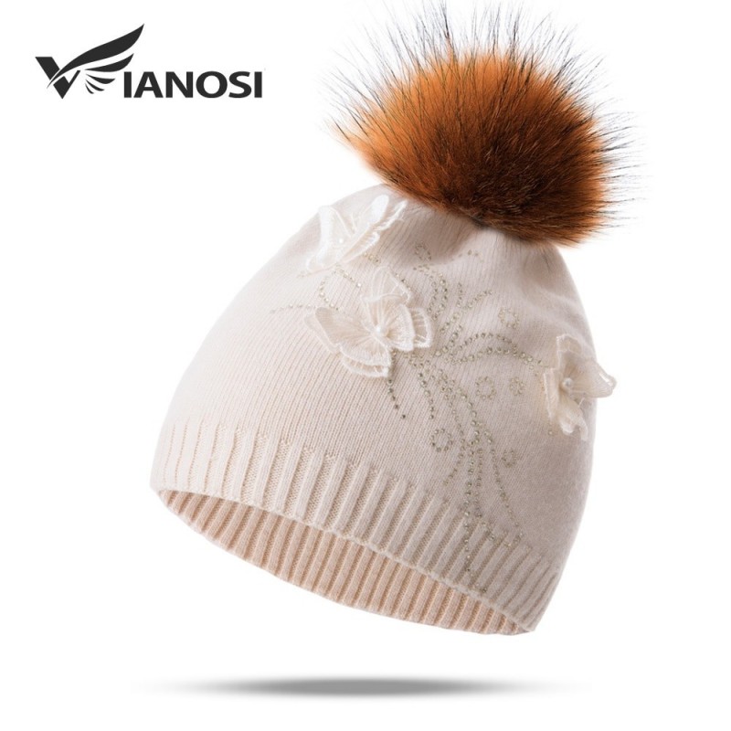 Natural fox fur pompom wool hatHats & Caps