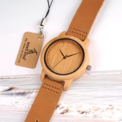 Lederen band bamboe Quartz koppels horlogesHorloges