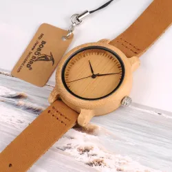 Lederen band bamboe Quartz koppels horlogesHorloges