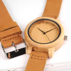 Lederen band bamboe Quartz koppels horlogesHorloges