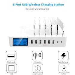 8 Port USB charger with wireless charging - Type-C - LED display and standChargers