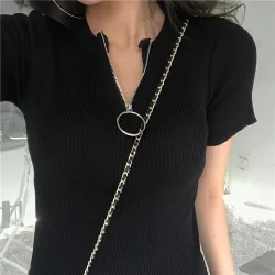 Women Korean style summer all-match zipper short sleeve t-shirtDames mode