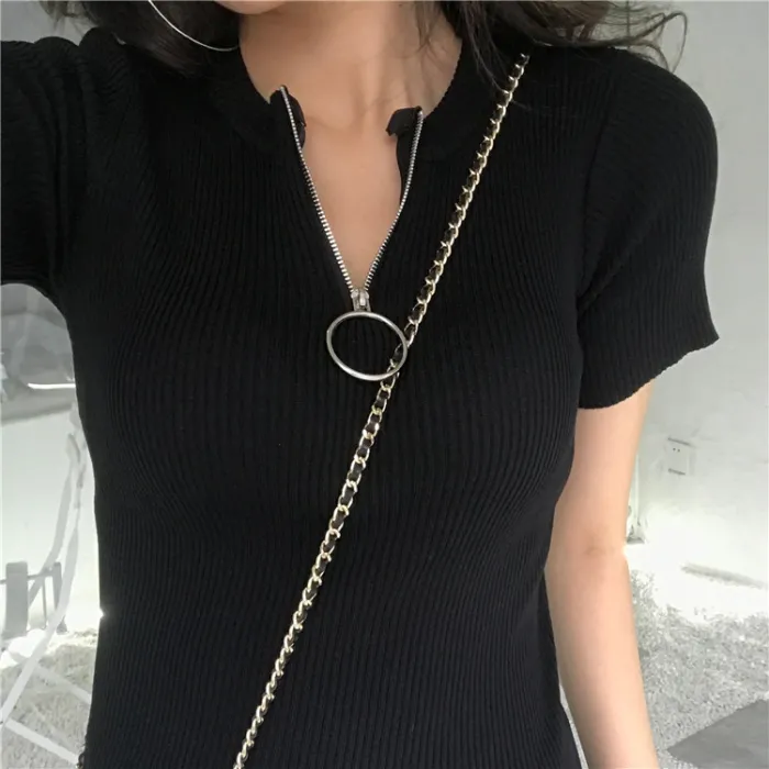 Women Korean style summer all-match zipper short sleeve t-shirtDames mode