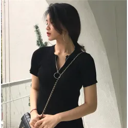 Women Korean style summer all-match zipper short sleeve t-shirtDames mode