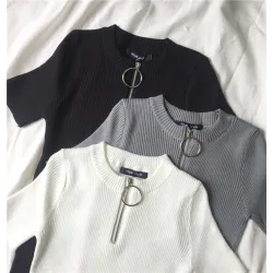 Casual short sleeve top with zipper - t-shirtWomen's fashion