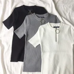 Casual short sleeve top with zipper - t-shirtWomen's fashion