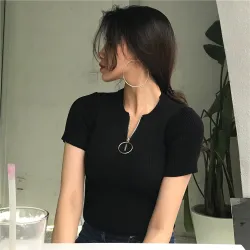 Women Korean style summer all-match zipper short sleeve t-shirtDames mode