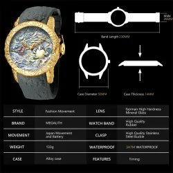 Luxury waterproof quartz watch with dragon sculptureHorloges