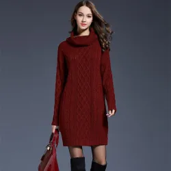 Long knitted sweater with turtleneck - winter dressPlus