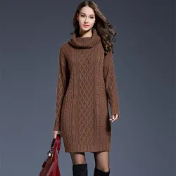 Long knitted sweater with turtleneck - winter dressPlus
