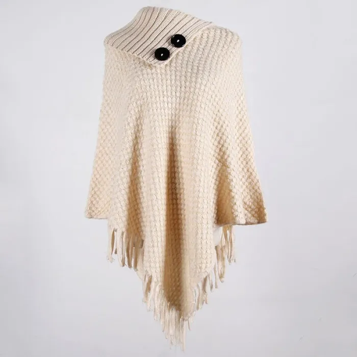 Knitted pullover with tassels - poncho with buttons - shawlHoodies & Jumpers