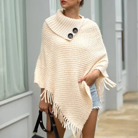 Knitted pullover with tassels - poncho with buttons - shawlHoodies & Jumpers