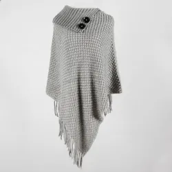 Knitted pullover with tassels - poncho with buttons - shawlHoodies & Jumpers