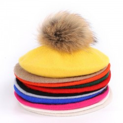 Elegant beret with fur pom-pomHats & Caps