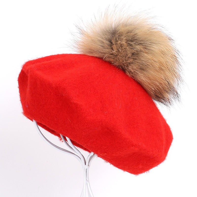 Elegant beret with fur pom-pomHats & Caps