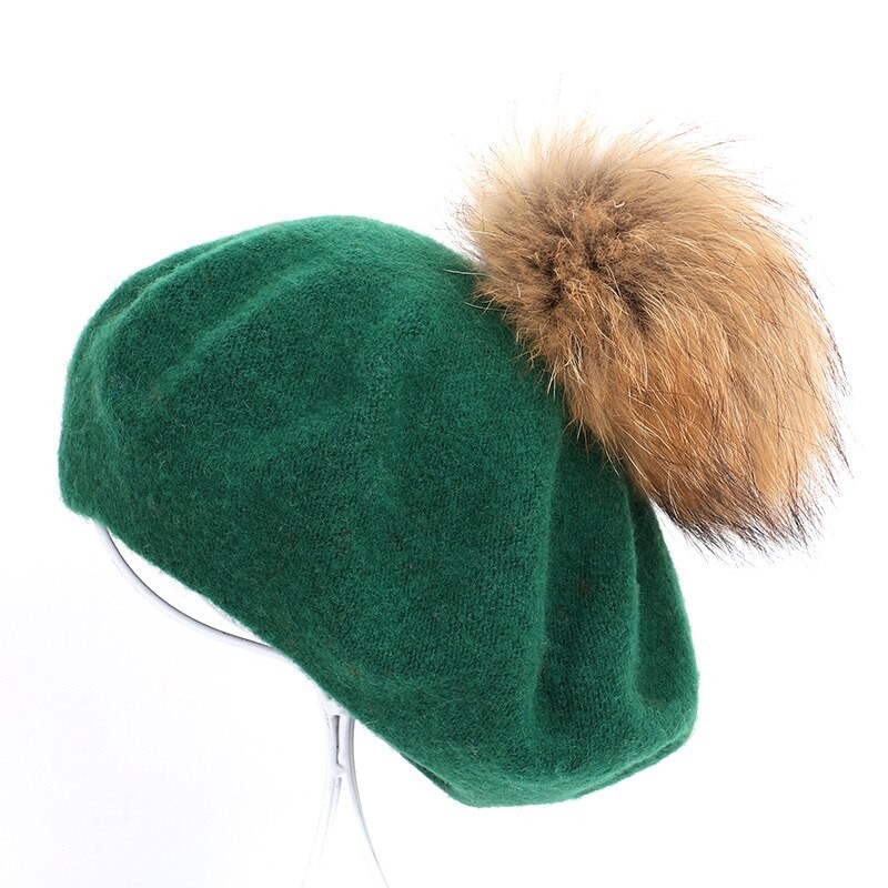 Elegant beret with fur pom-pomHats & Caps