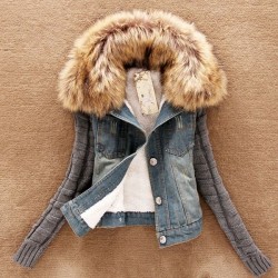 Fashion good quality women jeans coat - fleece short denim jacket - slim fur collar outerwear topsJassen